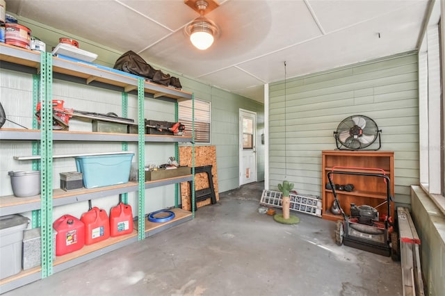 storage area featuring ceiling fan