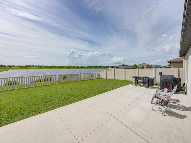 view of patio / terrace featuring a water view