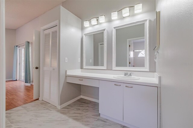 bathroom with hardwood / wood-style floors and vanity