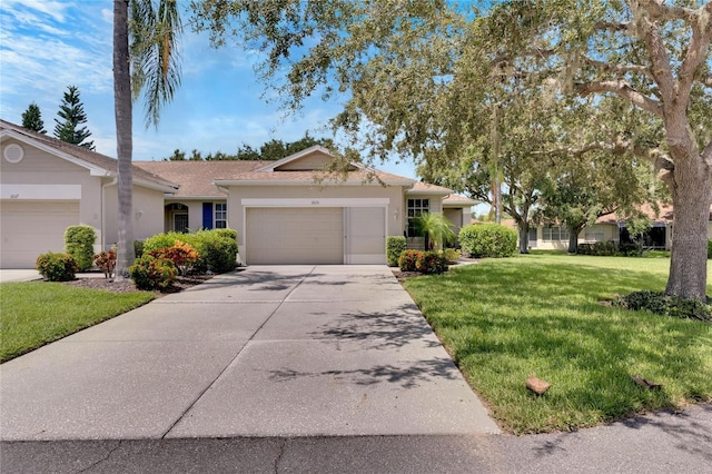 single story home featuring a garage, stucco siding, concrete driveway, and a front yard