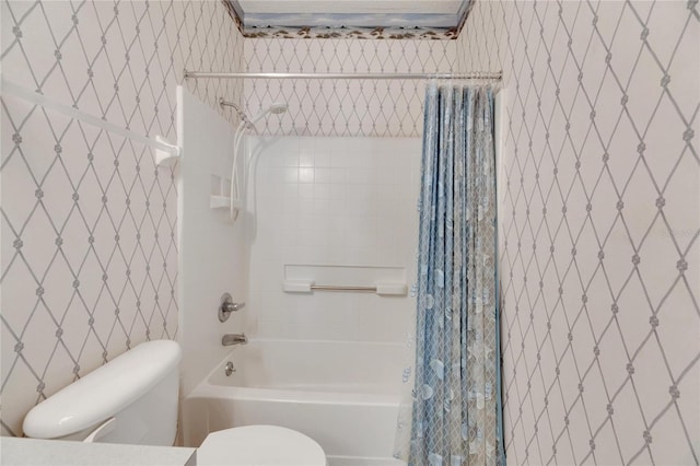 bathroom with toilet and shower / bathtub combination with curtain