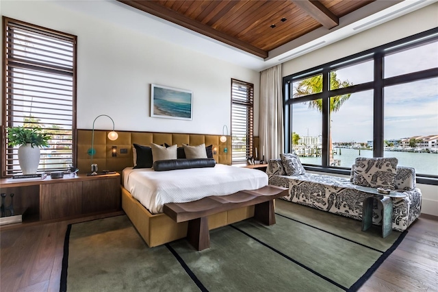 bedroom featuring a water view, dark wood-type flooring, and wooden ceiling