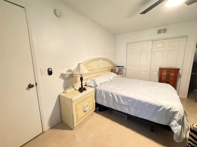 bedroom with ceiling fan and a closet