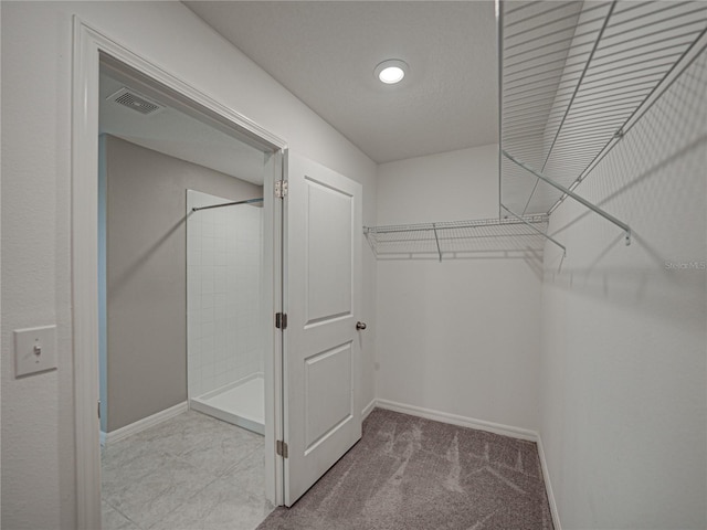 walk in closet with light colored carpet