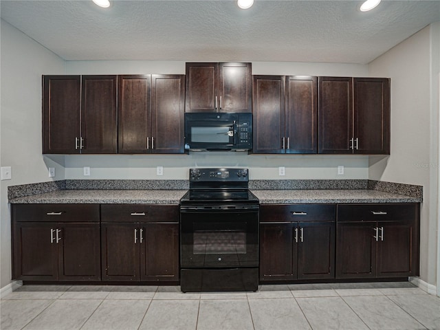 kitchen with dark brown cabinets and black appliances