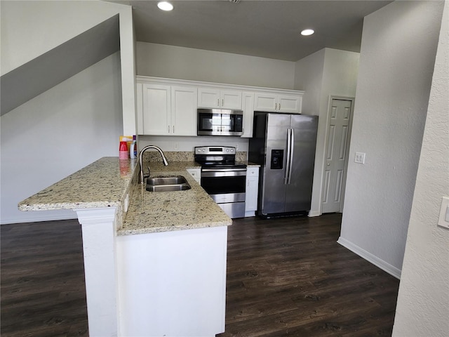 kitchen with white cabinetry, dark hardwood / wood-style flooring, kitchen peninsula, sink, and appliances with stainless steel finishes