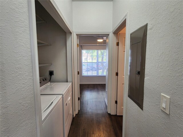 laundry area with separate washer and dryer, electric panel, and dark hardwood / wood-style floors