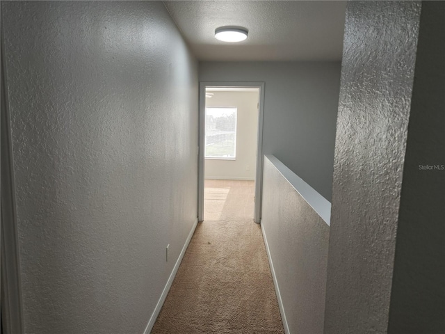 corridor with carpet and a textured ceiling