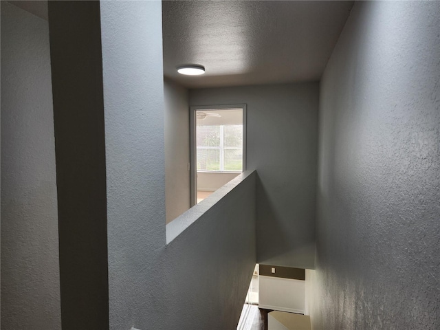 stairs featuring a textured ceiling