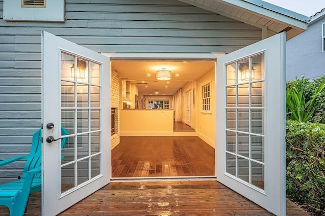 exterior space featuring french doors and a skylight