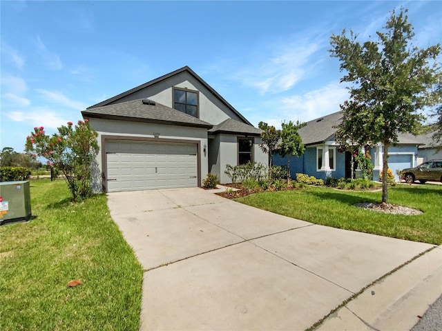 view of front of property featuring a front lawn, a garage, and central AC unit