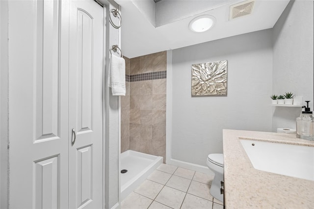 full bathroom with vanity, visible vents, a shower stall, tile patterned floors, and toilet