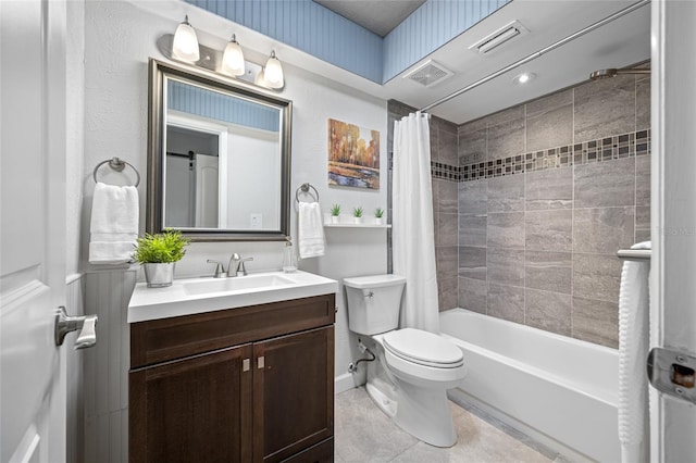 full bath featuring vanity, shower / tub combo, toilet, and visible vents