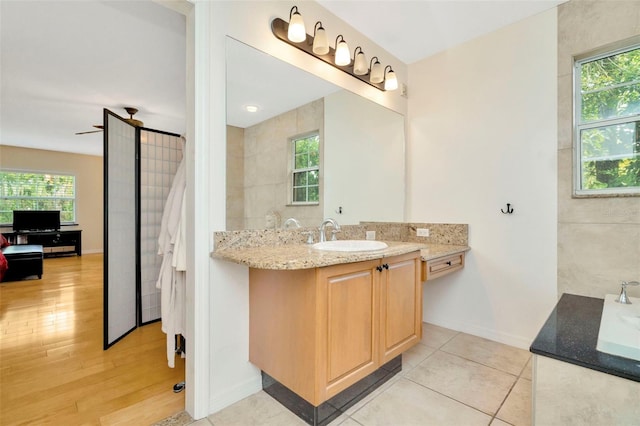 bathroom featuring plenty of natural light, vanity, and hardwood / wood-style flooring