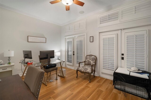 825 Islebay Dr, Apollo Beach, FL 33572 - office space with light wood-type flooring, crown molding, and ceiling fan