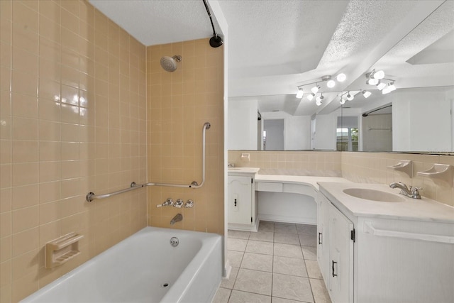 bathroom with tub / shower combination, a textured ceiling, decorative backsplash, and tile patterned floors