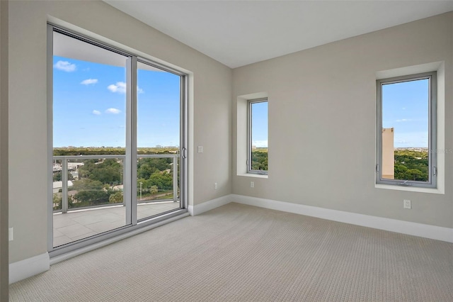 unfurnished room featuring plenty of natural light and light carpet