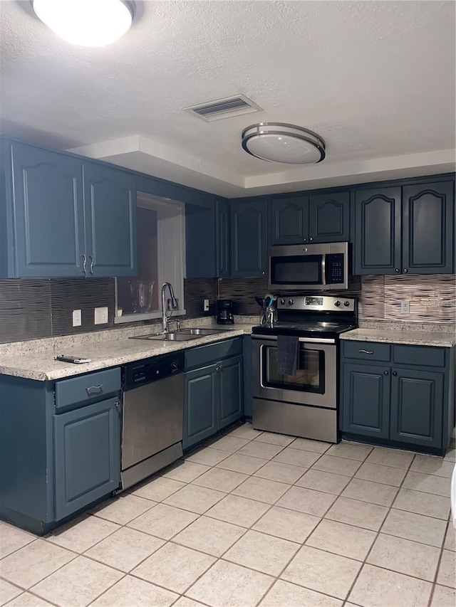 6115 7th Ave, New Port Richey, FL 34653 - kitchen with appliances with stainless steel finishes, a sink, blue cabinetry, decorative backsplash, and light countertops