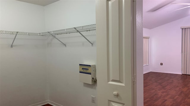 clothes washing area featuring dark wood-type flooring