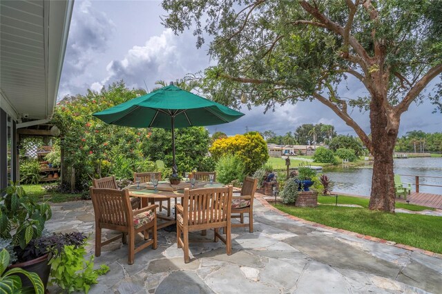 view of patio featuring a water view