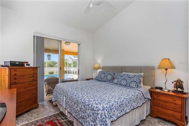 bedroom with vaulted ceiling, access to outside, and ceiling fan