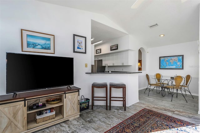 living room featuring lofted ceiling