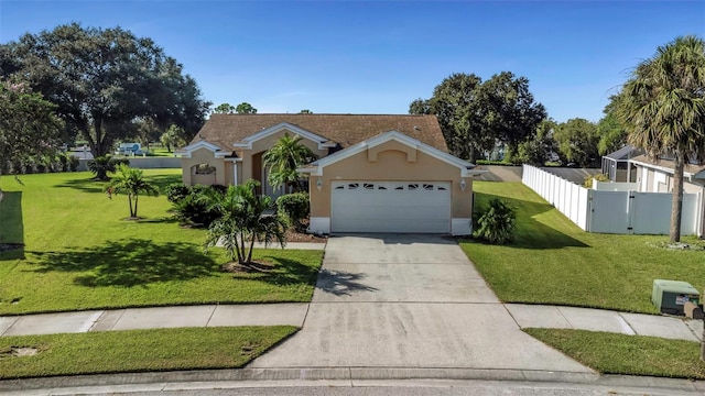 view of front of property featuring a front lawn and a garage