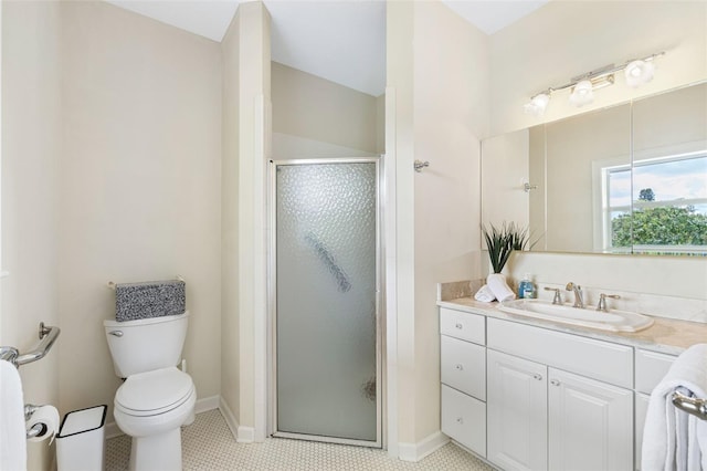 1215 Bayshore Dr, Terra Ceia, FL 34250 - bathroom with vanity, a shower stall, toilet, baseboards, and tile patterned flooring
