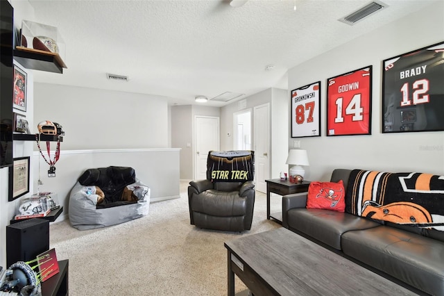 carpeted living room with a textured ceiling