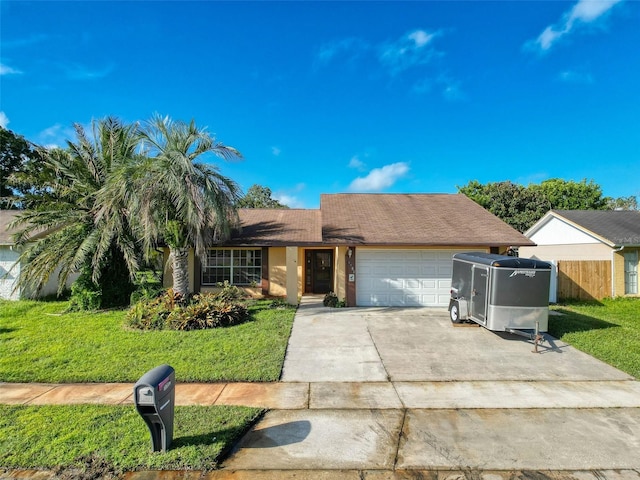 view of front of house featuring a front yard, fence, a garage, and driveway