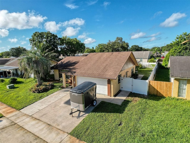 single story home featuring a gate, fence, roof with shingles, stucco siding, and a front lawn