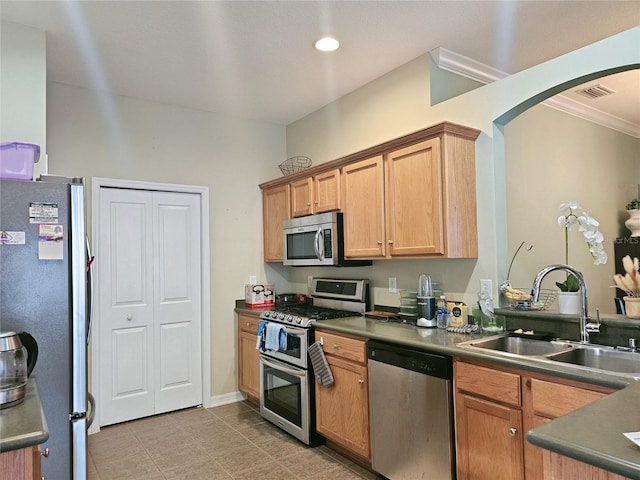 kitchen with stainless steel appliances, sink, and crown molding