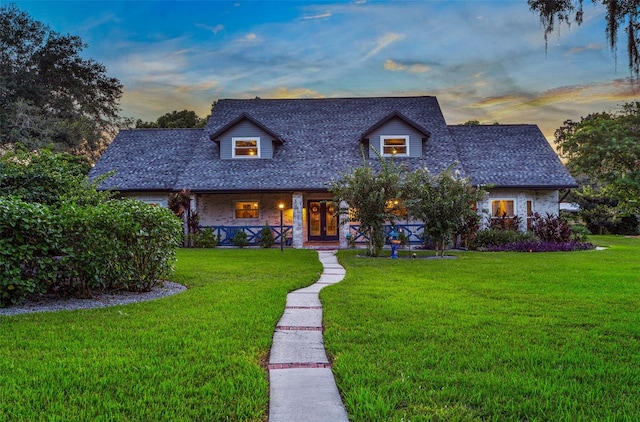 cape cod house featuring covered porch, brick siding, roof with shingles, and a front yard