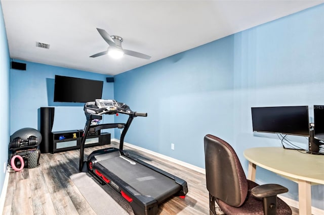 office area with visible vents, ceiling fan, baseboards, and wood finished floors