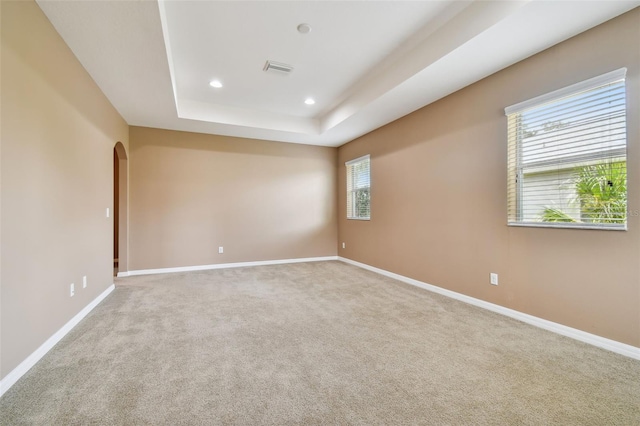 empty room with carpet flooring and a raised ceiling