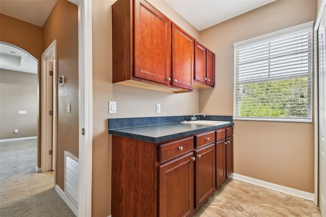 kitchen featuring light carpet and sink