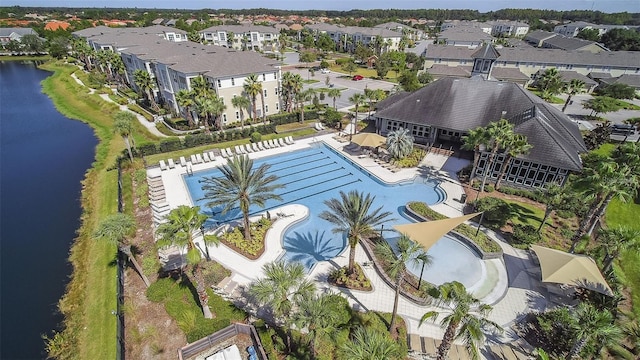 drone / aerial view with a water view