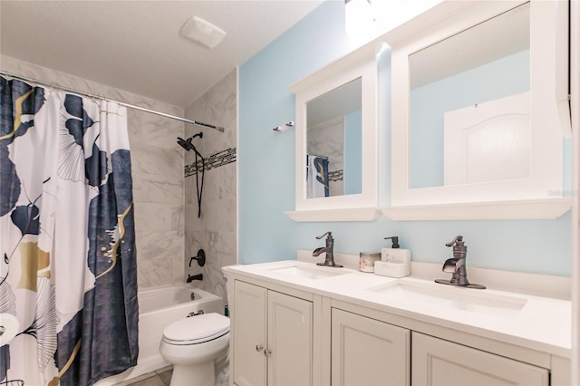 full bathroom with shower / bathtub combination with curtain, toilet, and vanity