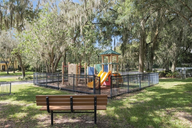 view of jungle gym with a yard