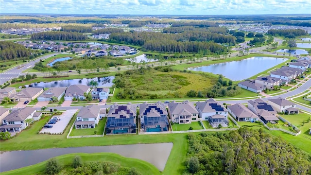 bird's eye view with a water view