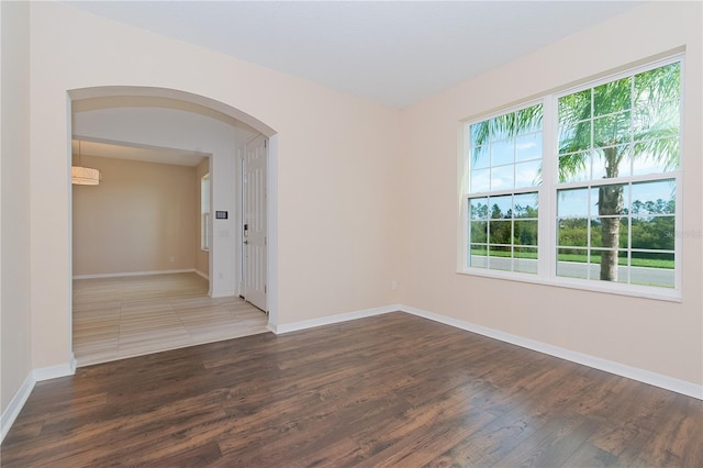 unfurnished room with dark wood-type flooring