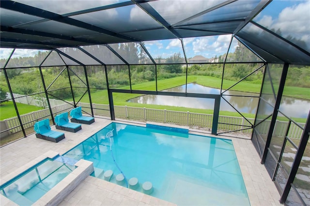 view of pool with a water view, an in ground hot tub, glass enclosure, and a patio area