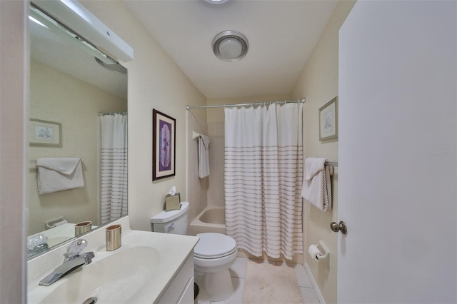 full bathroom with vanity, toilet, tile patterned floors, and shower / bath combination with curtain