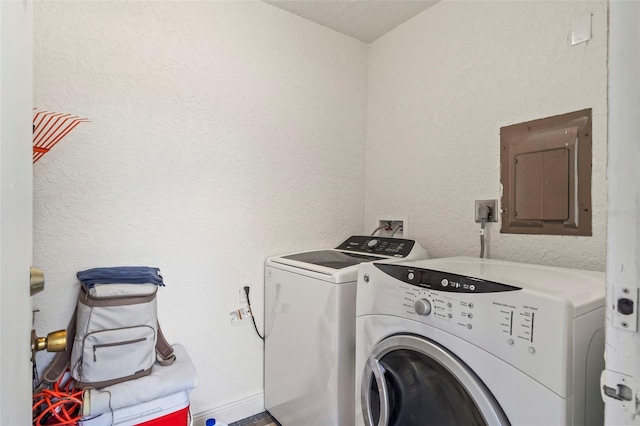 laundry room with washing machine and dryer and electric panel