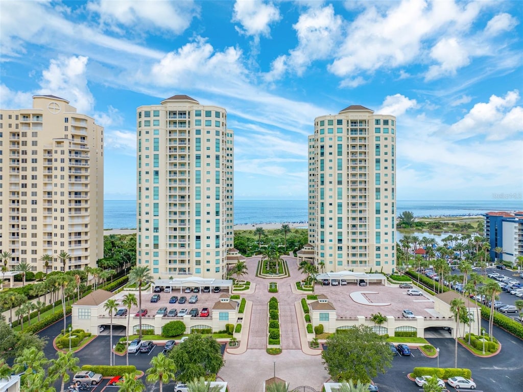 exterior space with a water view