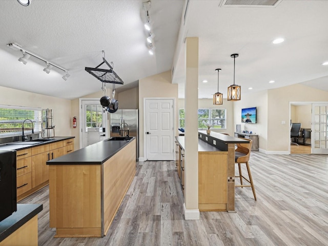 kitchen with lofted ceiling, a large island, decorative light fixtures, track lighting, and light hardwood / wood-style floors