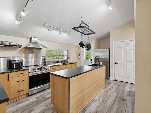 kitchen featuring lofted ceiling, wall chimney exhaust hood, stainless steel appliances, a center island, and light wood-type flooring