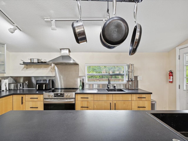 kitchen featuring wall chimney exhaust hood, stainless steel range oven, a healthy amount of sunlight, and sink