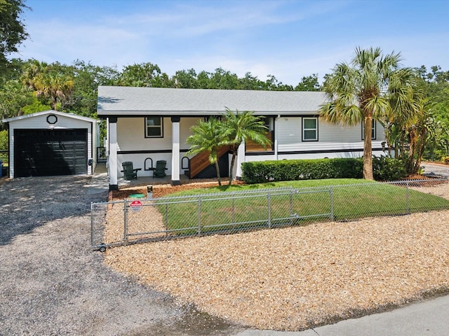 single story home with a garage and an outbuilding