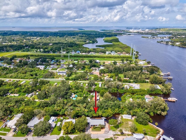 aerial view featuring a water view